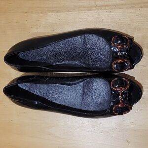 Gucci Horsebit Open Toe Black Patent Leather Flats